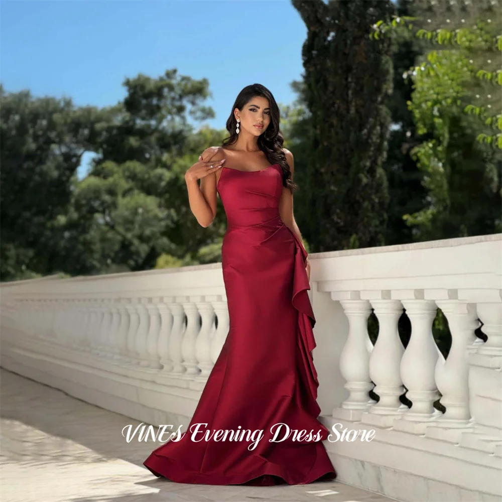 

VINES Burgundy Satin Evening Dress Strapless Mermaid Party Dress Zipper Back Prom Gown with Side Ruffle robes du soir Customized