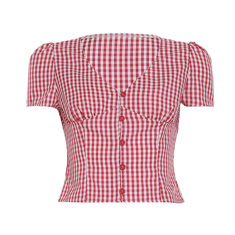 IAMHOTTY Red Plaid Button-up Blouse Elegant Slimming Deep V-neck Top French Style Short Sleeve T-shirts Chic Fashion Clothing