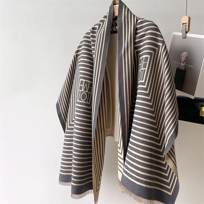 2024 Luxury Women Cashmere Winter Scarf Stripe Print Female Foulard Pashmina Large Double-sided Thick Warm Shawl Blanket Wraps