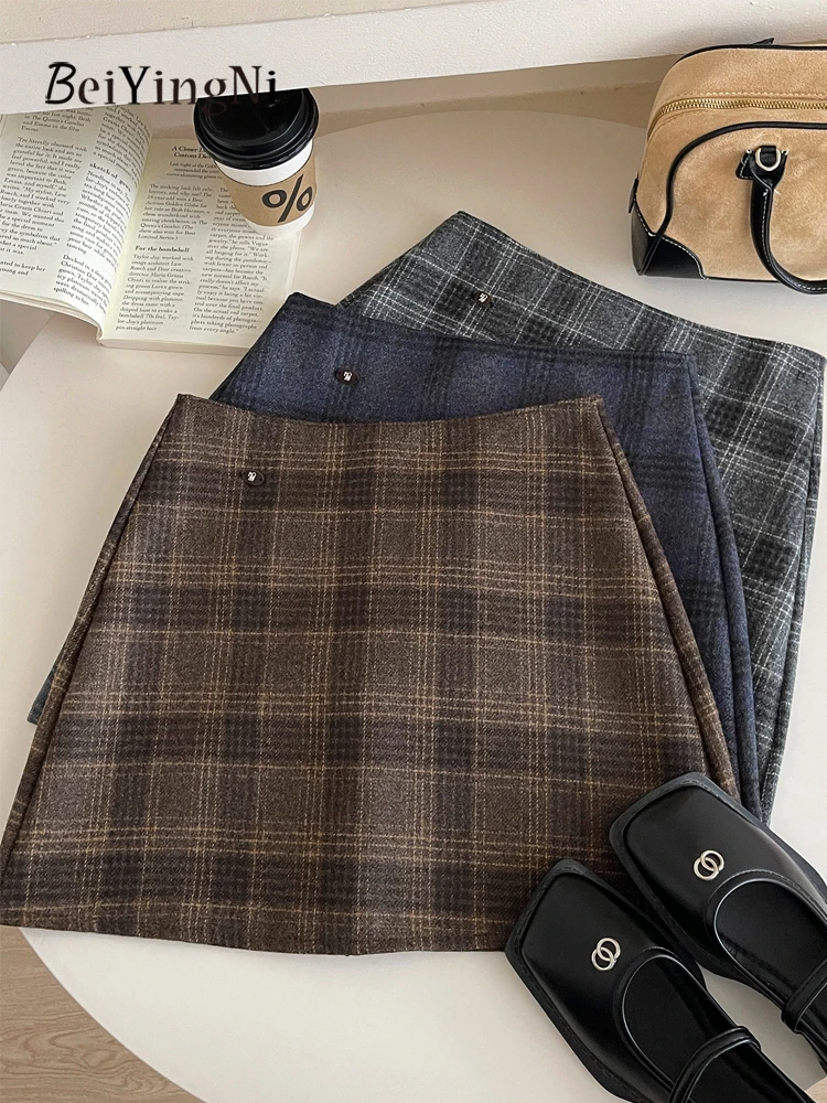 

Beiyingni, мини-юбки в японском корейском стиле, женские винтажные клетчатые тонкие юбки с высокой талией, короткая юбка трапециевидной формы, универсальные модные Jupes