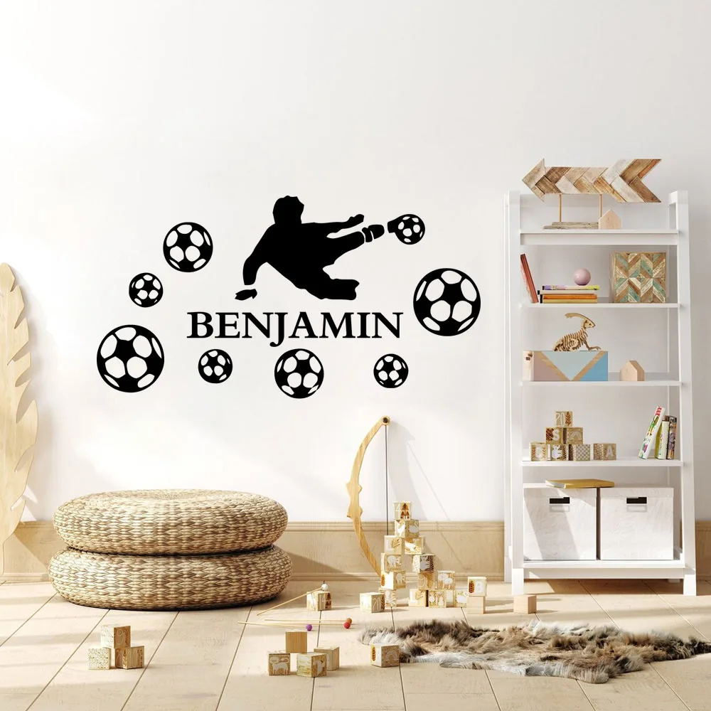 1pc Fashion Custom Name Boy Playing Football Wall Stickers Waterproof Wall Art Decal Bedroom Decor Wall Decoration Murals