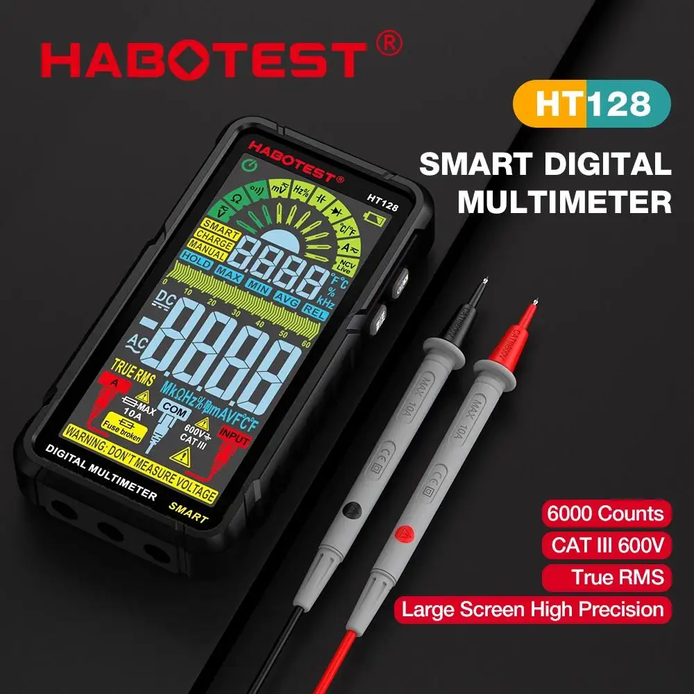 HABOTEST HT128 Digital Multimeter Smart Anti-burn Rechargeable Meter 6000 Counts Voltmeter NCV Tester 4.88 inch LCD Backlit