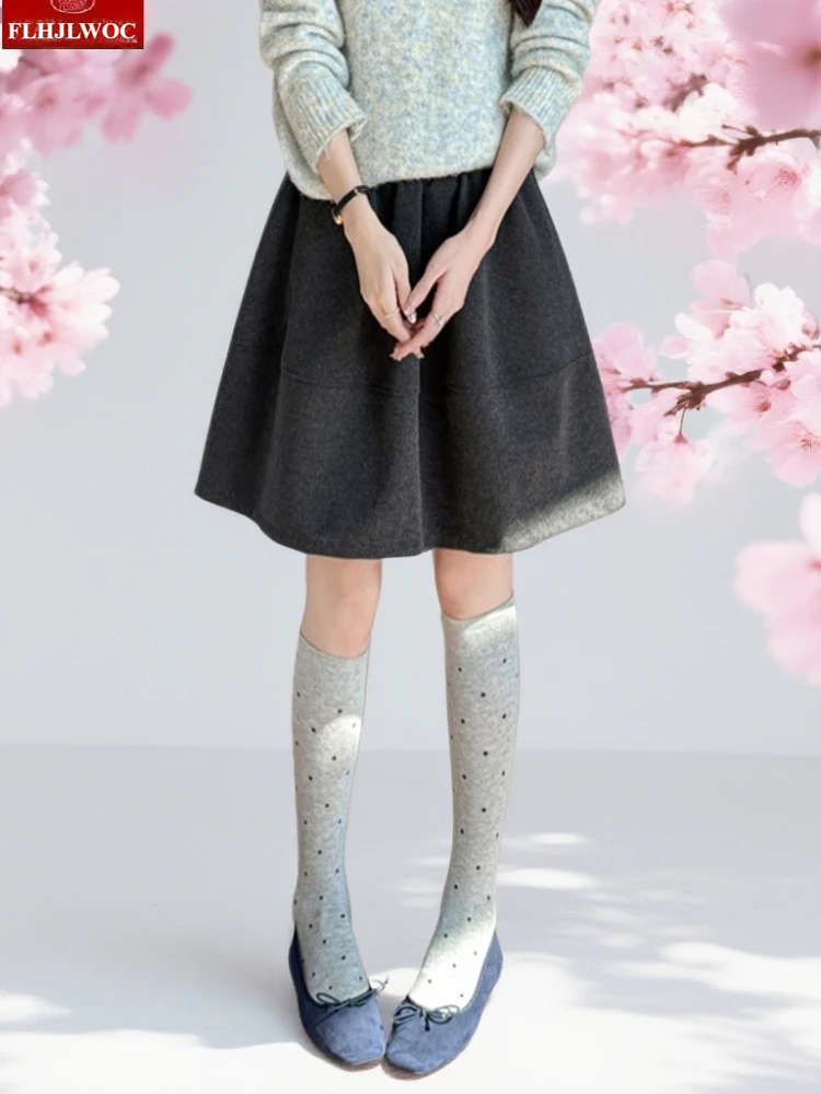 

Cute Mini Woolen Skirts New Year Autumn Winter Woman Cute Japan Girls Preppy Style High Elastic Waist Retro Vintage Black Skirt