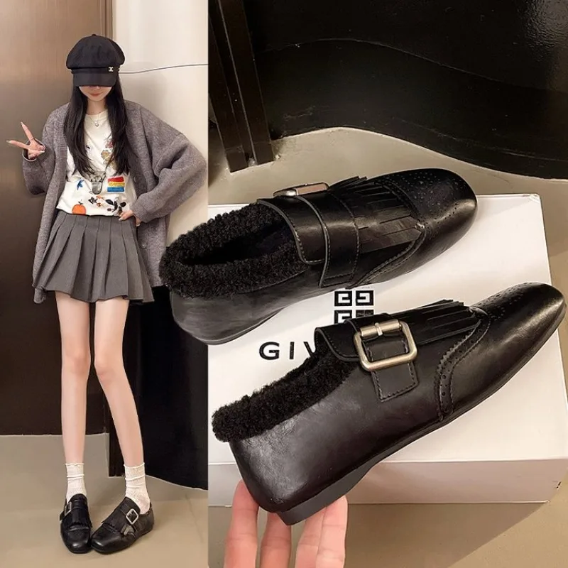 

Retro Loers 2026 Fashion Women's Shoes Autumn and Winter Women Velvet Warm Flat-bottomed Rabbit Fur Leather Shoes New