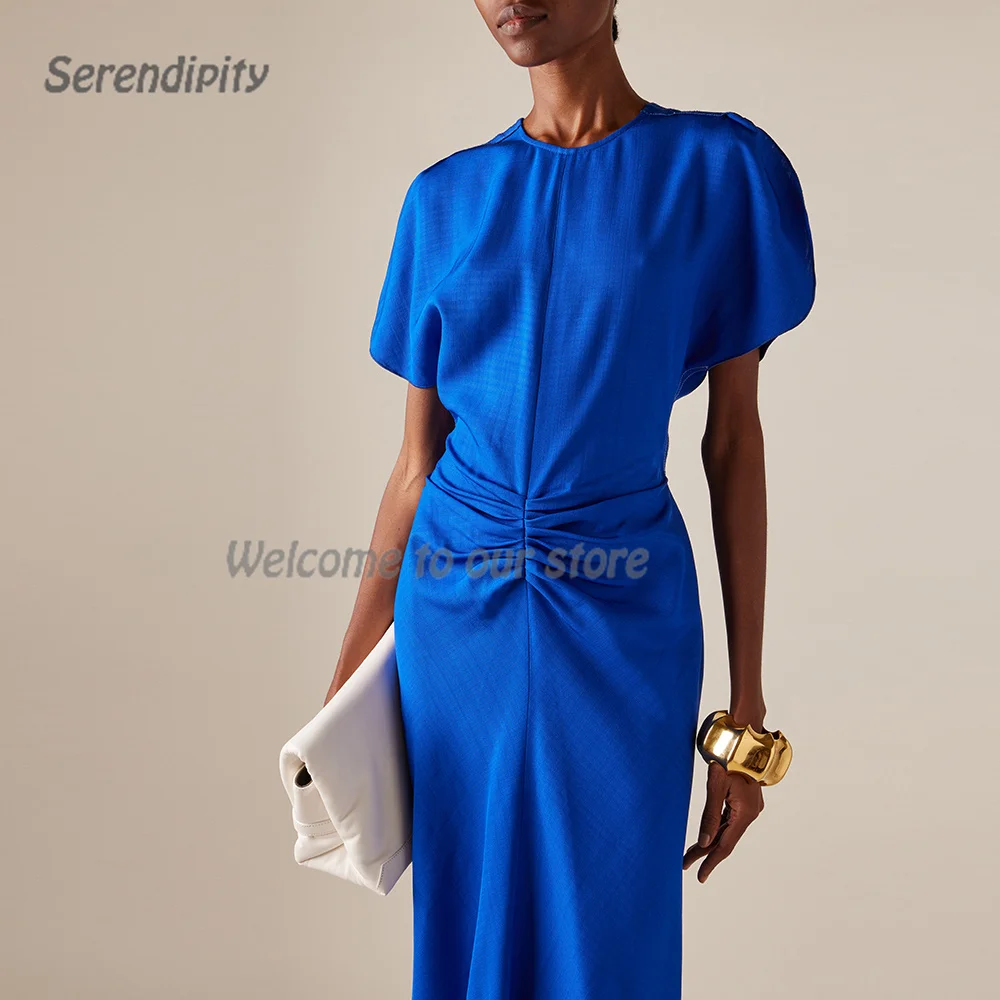 Serendipity abito da sera semplice muslimagnades cattero a-line elegante abito da ballo con scollo a o increspato in raso blu Cocktail Party per