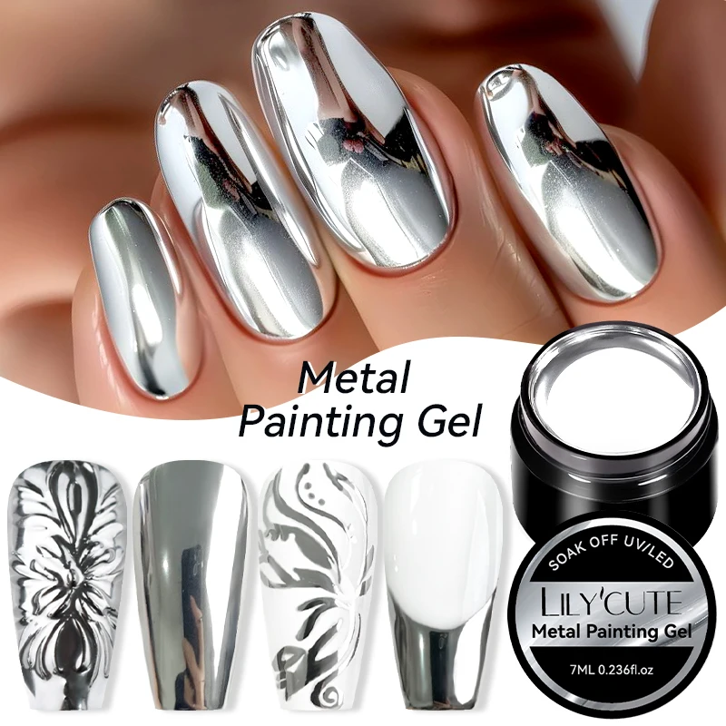 LILYCUTE 7ML Metallic Painting Gel Chrome Silver Mirror Effect Nail Gel Polish Super Bright Drawing Line French Nail Art Varnish