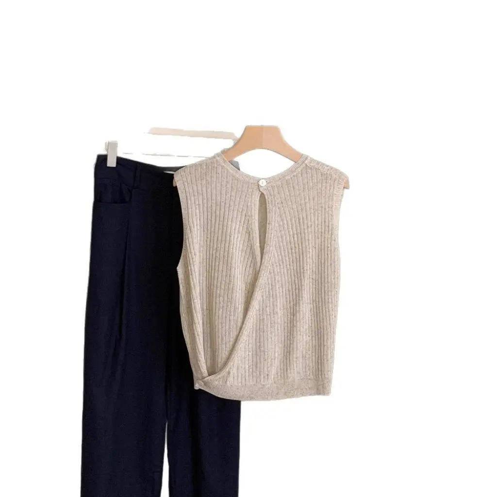 

Women's Korean Style Oatmeal Ice Silk Knitted Vest Sleeveless Short Top with Hollow Back Design Summer Outer Wear