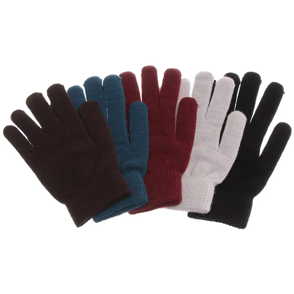 Women Men Unisex Winter Ribbed Knitted Full Fingered Gloves Basic Thicken Plush Lining Mittens Magic Thermal Wrist Warmer