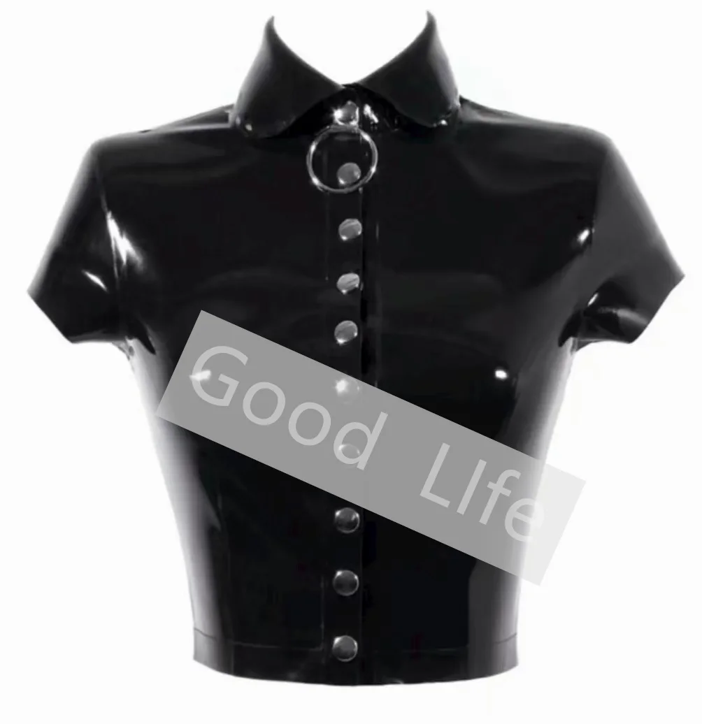 

Handmade Natural Latex Woman Short Sleeve Top Gummi Slim Shirts with Front Button Rubber Tight Fitted Shirt With O -Ring on Neck