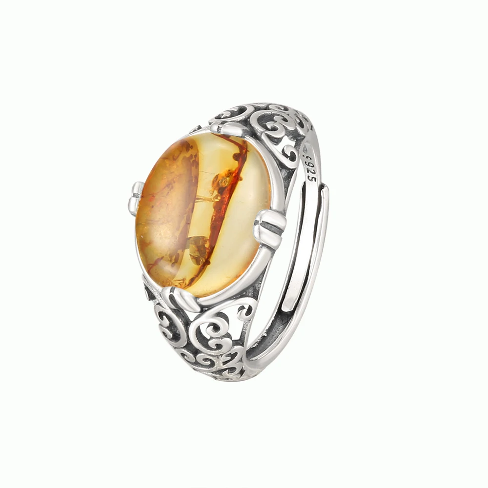 Vintage S925 Silver Wide Ring Natural Resin Amber Women's Ring Wedding Exquisite Jewelry Party Accessories Birthday Gift