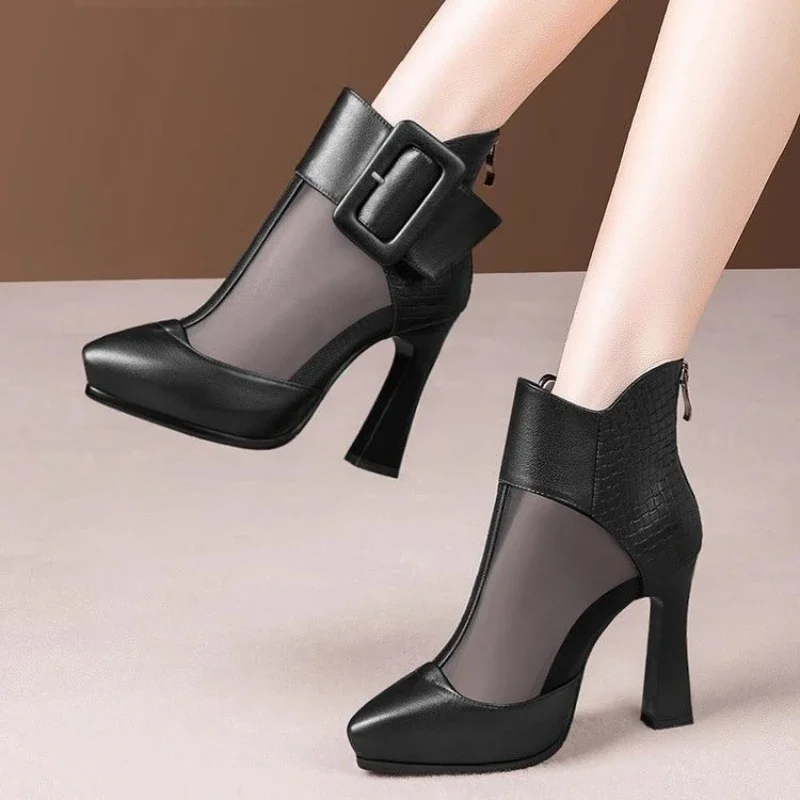 High Appearance Level Thick Sole Thick Heel Pointed Mesh Fabric Fashion All Comfortable Non-slip Breathable Women's Ankle Boots