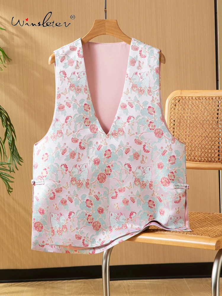 

Winsleter-100%Real Silk Song Brocade Elegant Vest, Deep V Neck Floral, Woman OL Temperament Loose Tank Top, 2026 Spring T61932CC