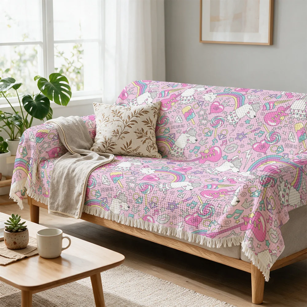 Whimsical Unicorn Rainbow Pattern Throw Blanket Sofa Cover Boho Knit Decorative Throw Couch Decor Pastel Whimsical Living Room A