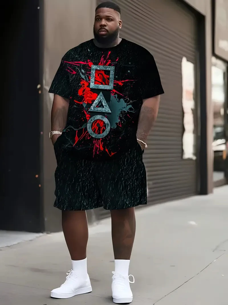 Denim gráfico camiseta e shorts 2 peças conjunto 2025 plus size roupas masculinas casual solto cordão cintura shorts manga curta topo