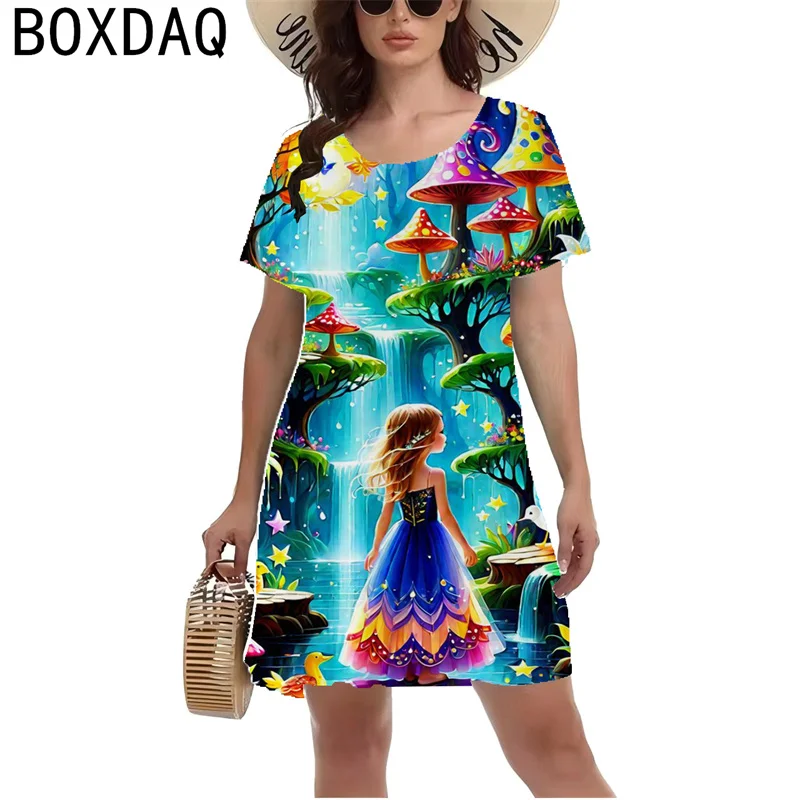 Fashion Beautiful Cute Girl Printed Dress 3D Colorful Forest Pattern Mini Dress Women Summer Short Sleeve O-neck Casual Dresses