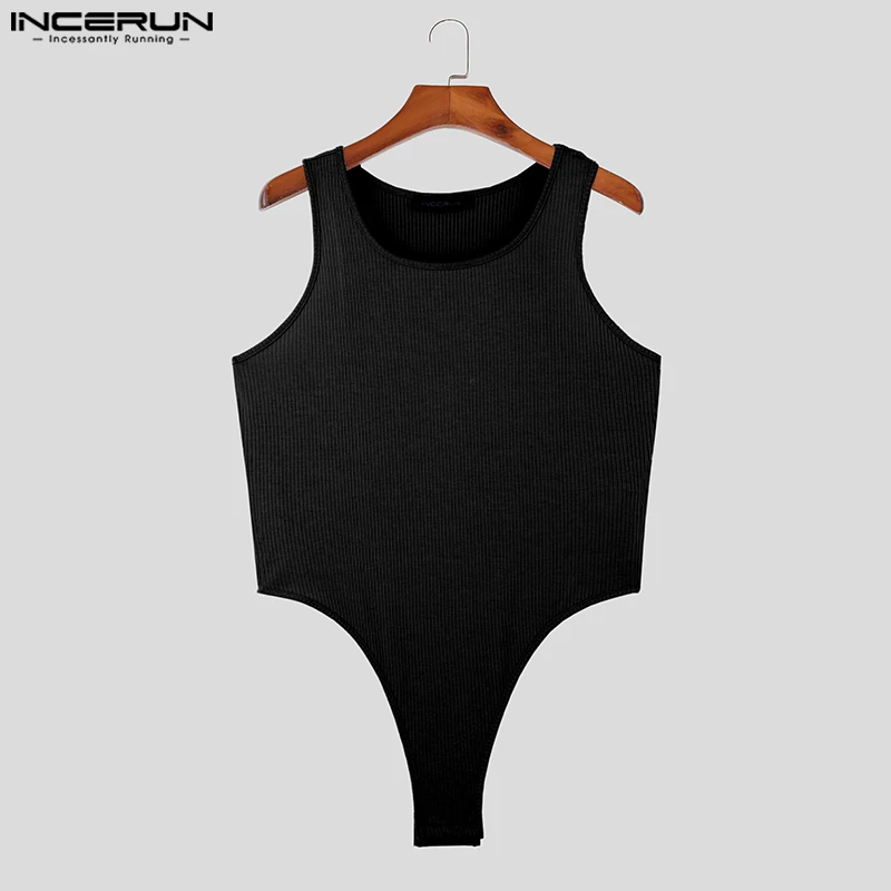 INCERUN 2023 Sexy Fashionable Men\'s Bodysuits Tight O-Neck Solid Rompers Casual Male Striped Hollow Comfortable Bodysuits S-5XL