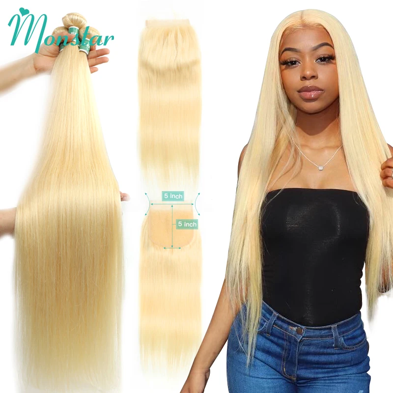 613 Blonde Bundles with 4x4 5x5 Lace Closure Brazilian Straight Remy Human Hair 30 32 34 36 Inch 3 4 Bundles with 613 Hd Closure