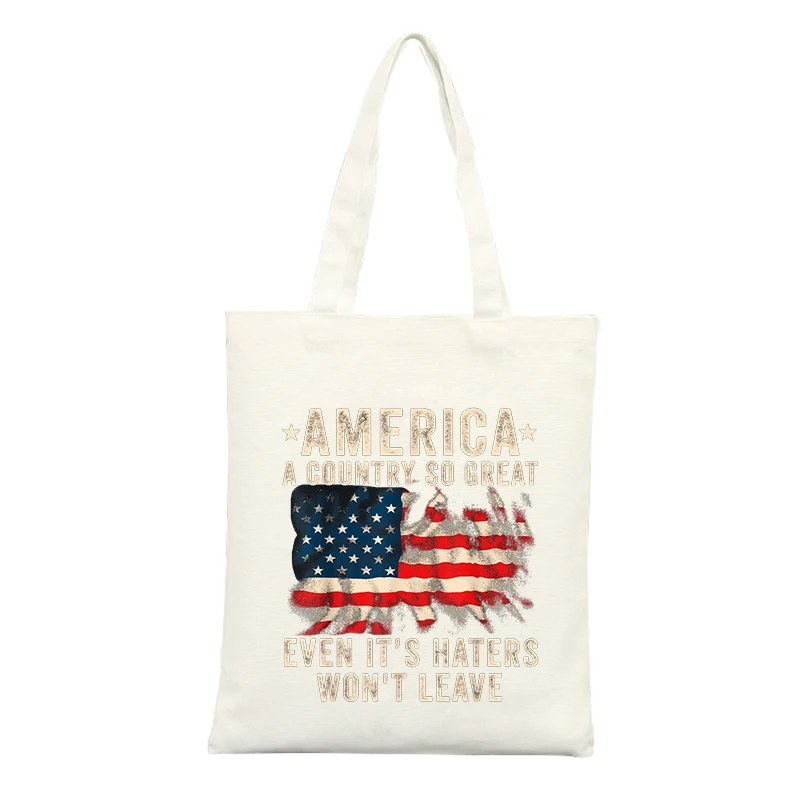 American flag graphic canvas tote bag with typography print, vintage style for casual shopping and daily use