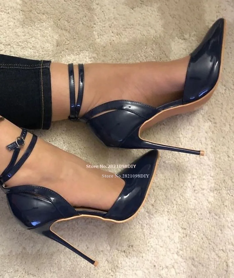 

Pumps In Black Calf Leather Ankle Wrap 2 Straps Women Pointy Toe Buckle Fastening Strap Stiletto Heeled Dress Shoes