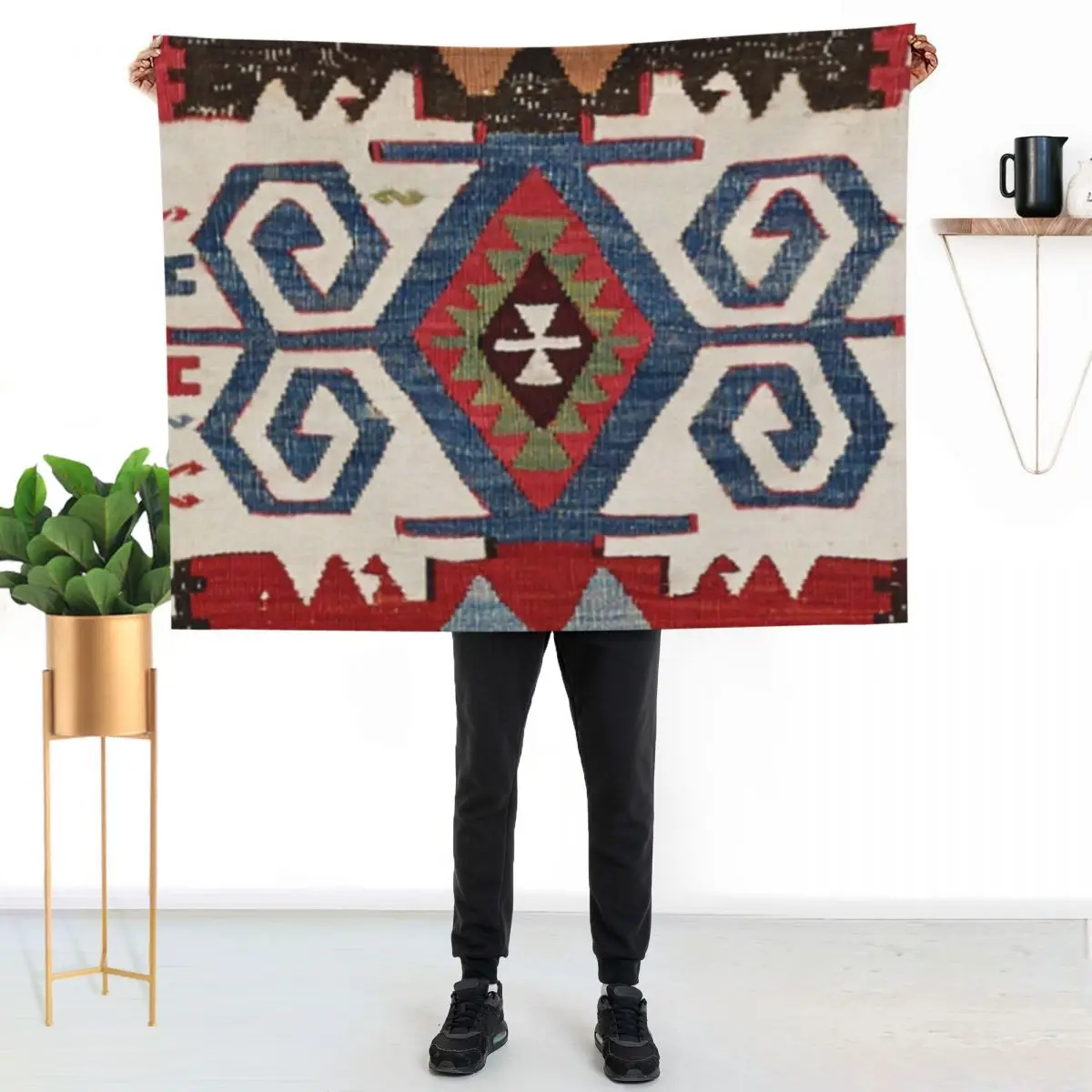 Blue Diamond Arrow Konya // 19th Century Authentic Colorful Cowboy Saddle Accent Pattern Throw Blanket decorative Thins Blankets
