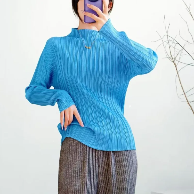 

Miyake Pleated Long Sleeve T-Shirt 2026 New Simple Classic Solid Color Top Base Shirt Casual Stretch Outerwear Women's Clothing
