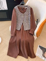 150Kg Plus Size Women's Bust 154 Autumn Loose Small Fragrance Style Vest Long Sleeved Dress Two-Piece Set 5XL 6XL 7XL 8XL 9XL