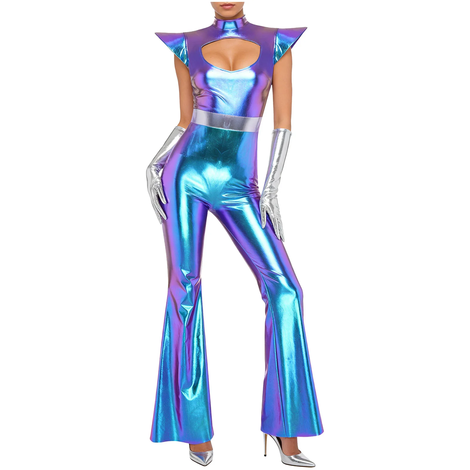 

Women Alien Robot Astronaut Space Cadet Cosplay Costume Metallic Shiny Flared Jumpsuit with Gloves for Halloween Theme Party