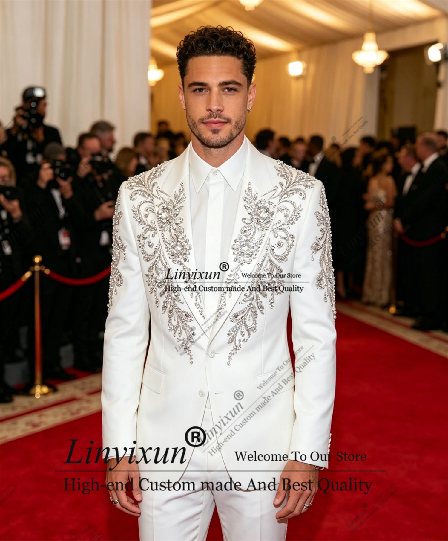 Unique Shiny Diamond Luxury Suit Set For Men Elegant Single Breasted Tuxedo Set Classic Blazer Pants Fashion terno masculino