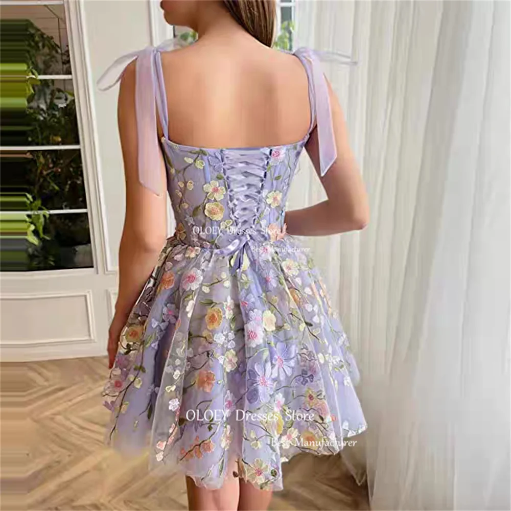 OLOEY Linght Purple Floral Short Cocktail Dress Embroidery Lace Prom Gown Lace Up Back Garden Wedding Party Gown Custom Made