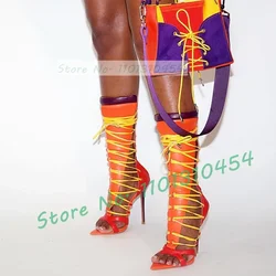 Multi Colors Cross Tied Mid Calf Boots Women Sexy Cut out Open Pointy Toe Boots Ladies Rome Strap Cool Thin High Heels Shoes