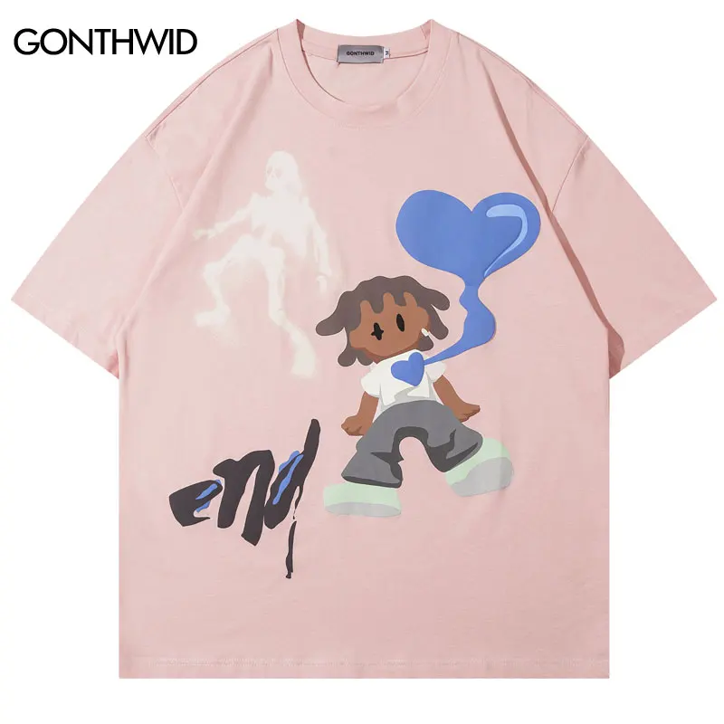 Men Streetwear Hip Hop Oversized T-Shirt Ghost Heart Funny Graphic T Shirt 2023 Harajuku Loose Tshirt Cotton Tops Tees Black