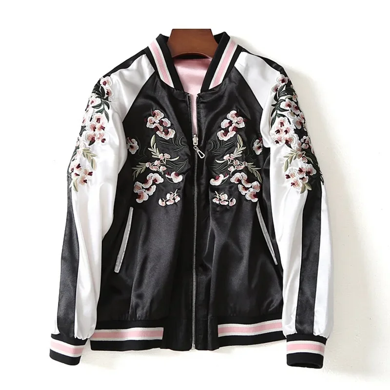 

Female Coat Floral Harajuku Autumn Japanese silk Girls Women's Satin Embroidered Bomber Baseball Jacket Double Sided