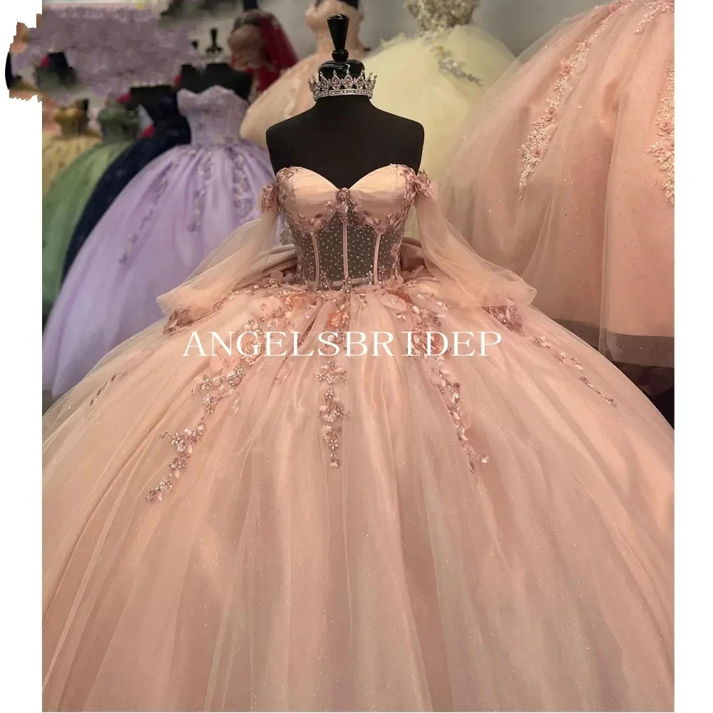 ANGELSBRIDEP Luxury Pink Quinceanera Dresses With Bow Vestido De 15 Anos Off-Shoulder Beading Lace Birthday Princess Party Gowns