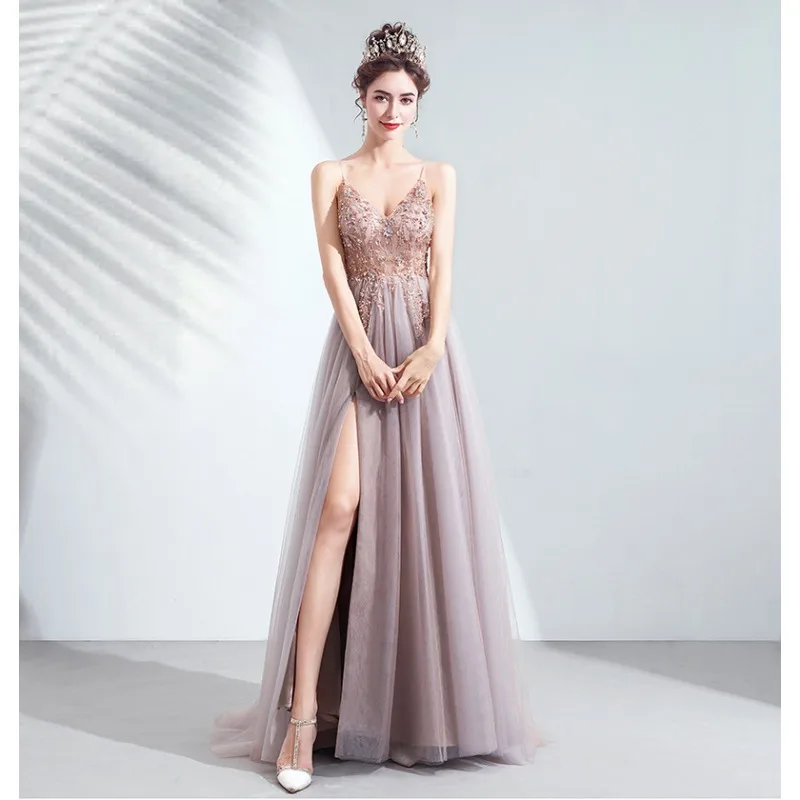 

Ladies' New High-quality Luxurious Sexy Slimming Camisole with Split V-neck Bridal Toast Dress, Fashionable Banquet Evening Gown