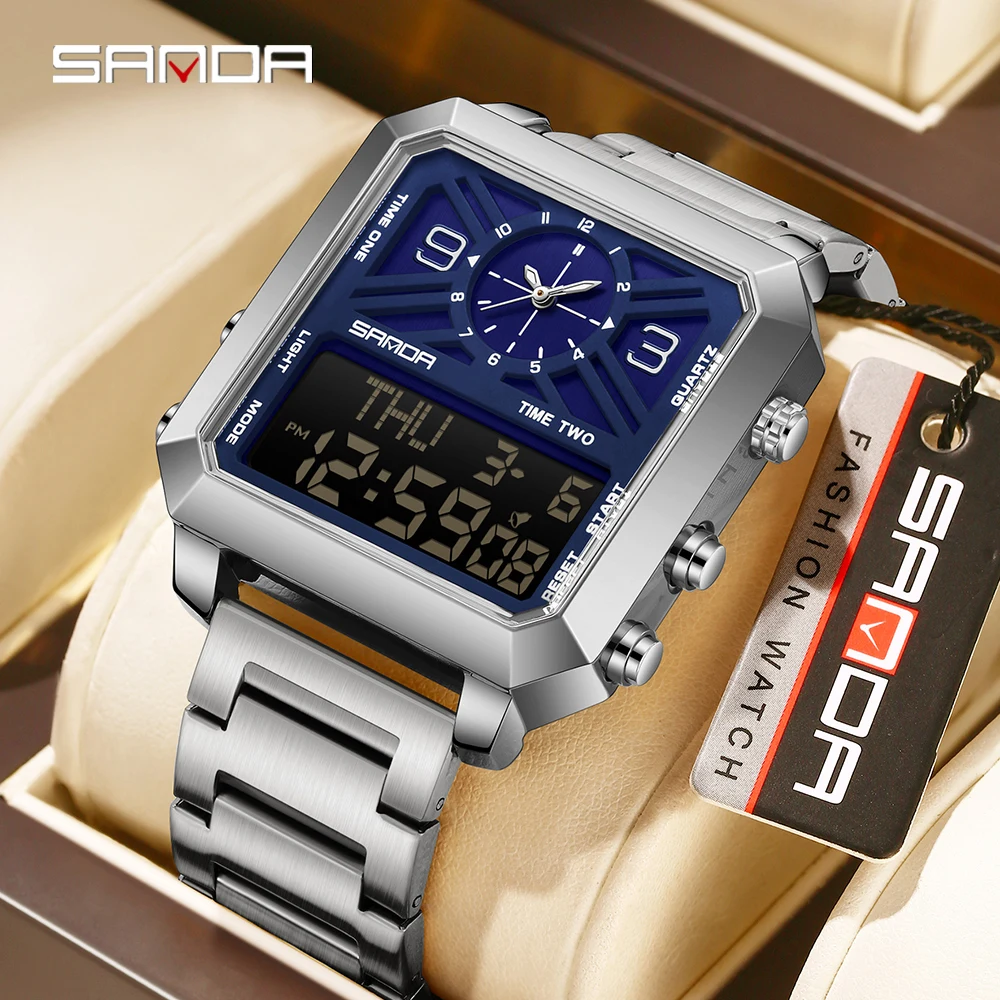 SANDA 6265 Dual Display Electronic Watch Men's Dual Movement 5ATM Waterproof Night Light Three Ground Time Student Sports Watch
