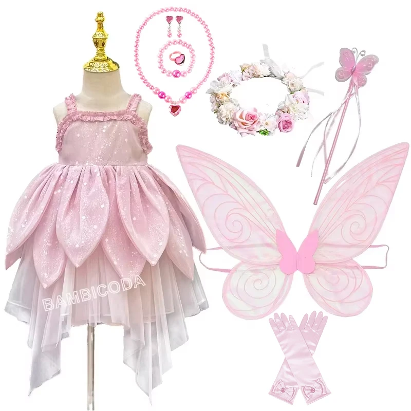 Wróżka kwiatowa dziecięca sukienka dla dziewczynki kamizelka bez rękawów pasek na ramię pończoch księżniczka spódnica z płatkami dziecięca magiczna sukienka na Halloween elfów