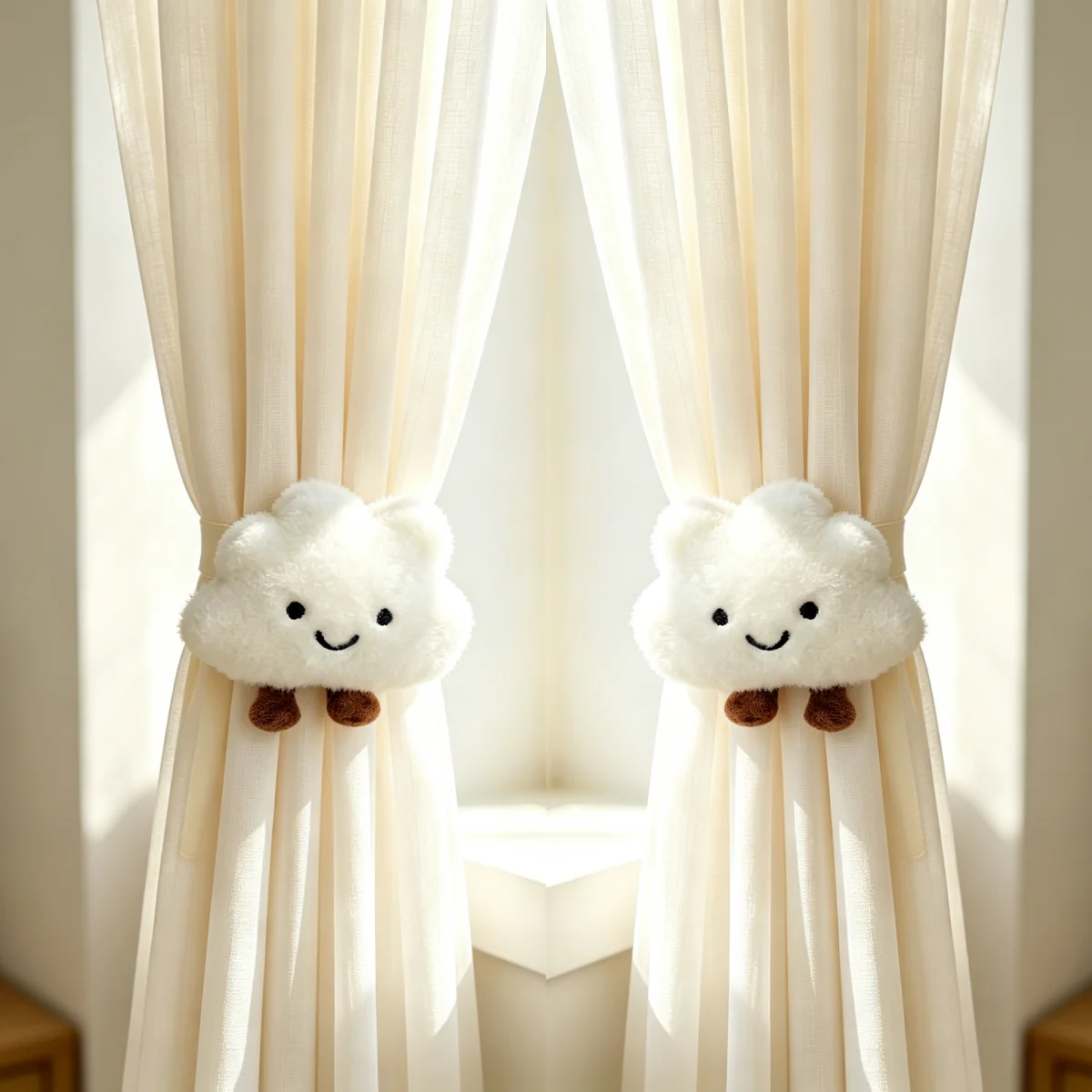 2Pcs Cloud Curtain Tiebacks, Cute Cartoon Style, Plush Magnetic No Drill, For Kids Room Bedroom Window Decor