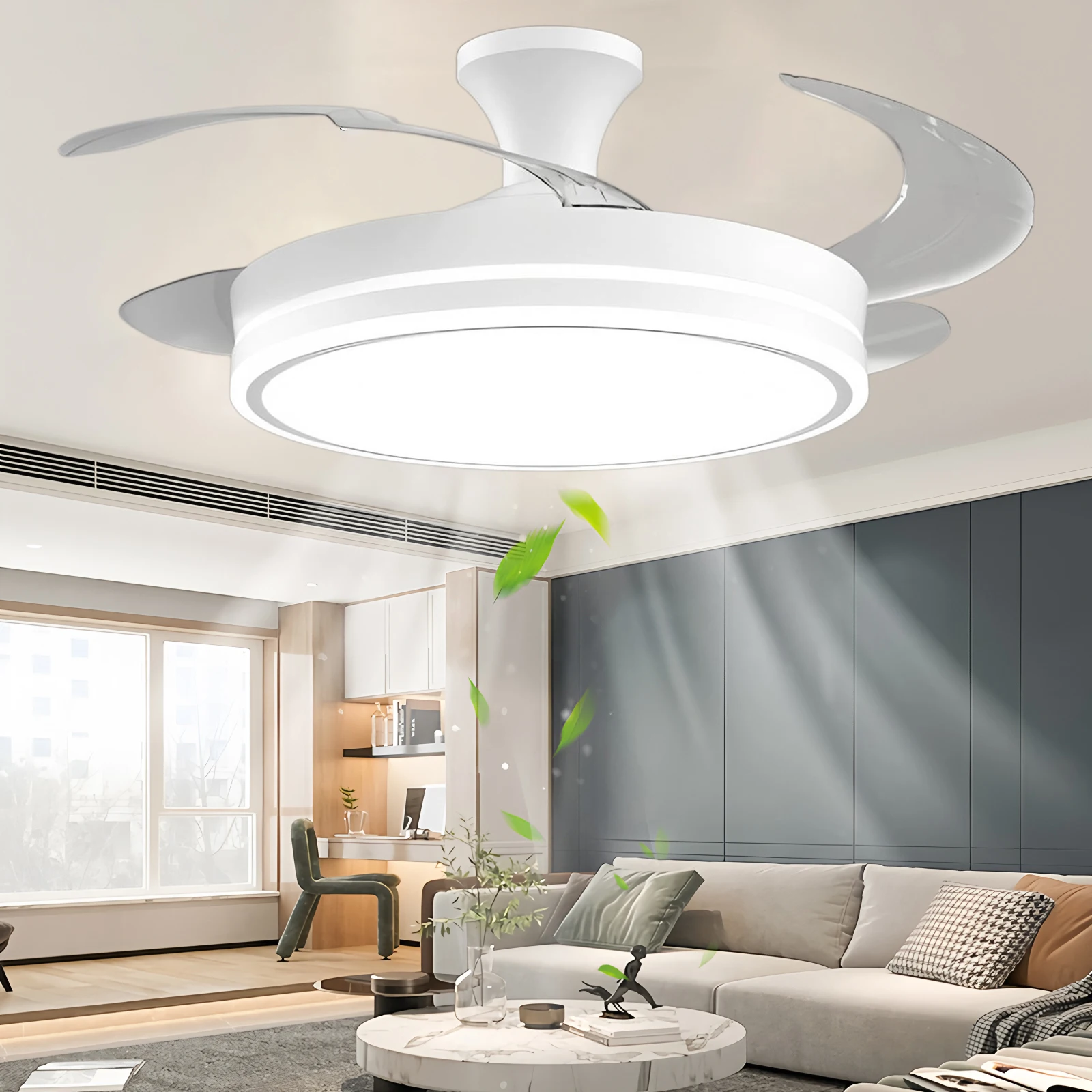 Large Home Ceiling Fan with LED Light Intelligent Retractable Fan Blades Electric Fan Three-color Light Home Lighting Lamp