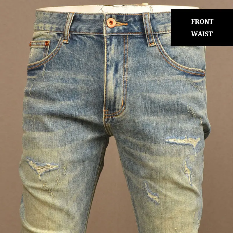 Fashion Streetwear Men Jeans Retro Washed Blue Elastic Stretch Slim Fit Ripped Jeans Men High Quality Vintage Denim Pants Hombre