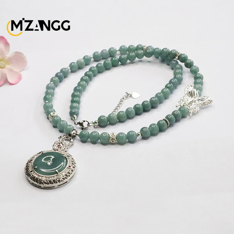 Natural Grade A Jadeite Blue Water Safety Clasp Pendant Exquisite Charming Ice-Type Jade Necklace for Women with Butterfly Beads