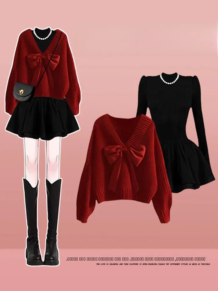 

Красный трикотажный комплект Cisas с бантом, комплект из двух предметов, женская осенне-зимняя юбка Faion Ele, длинная облегающая повседневная юбка