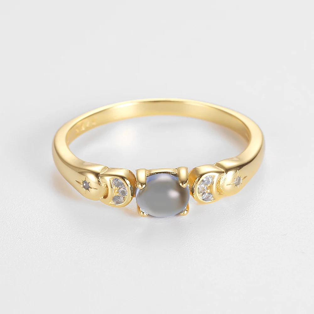 Retro 925 Sterling Silver Oval Moonstone Ring Moon&Star Gold Color Plated for Women Female Engagement Wedding Band Jewelry Gift