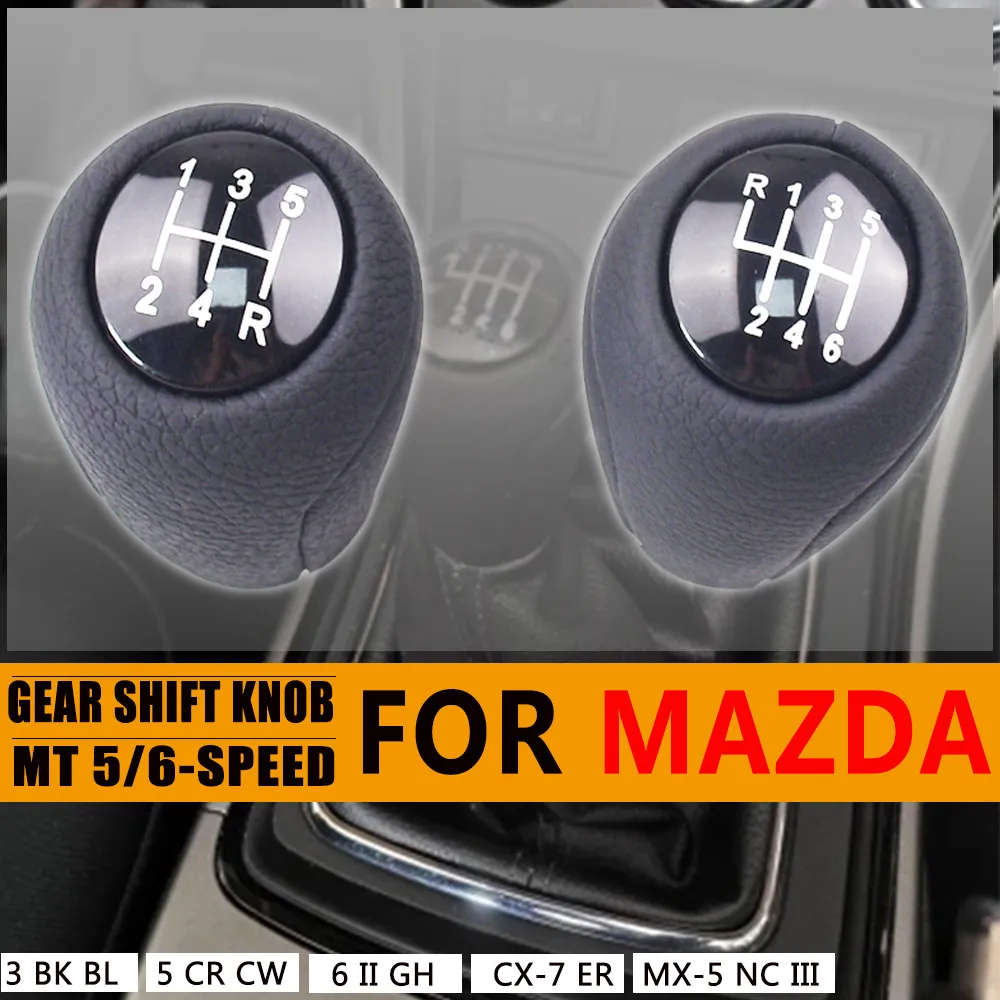 5/6-Speed Leather Gear Shift Knob For MAZDA 3 BK BL 5 CR CW 6 II GH CX-7 ER MX-5 NC III 23 MT Leather Shifter Lever Arm Headball