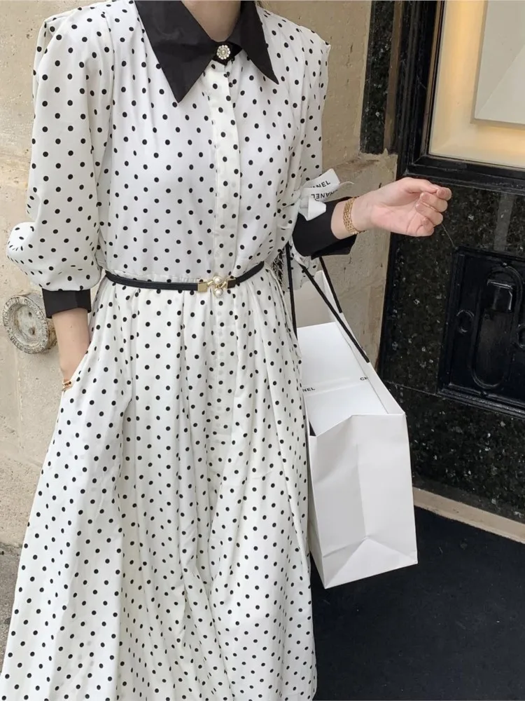 Spring Shirts Midi Dress Women Polka Dot Print Fashion Ladies Dresses Ruffle Pleated Korean Style Loose Long Sleeve Woman Dress