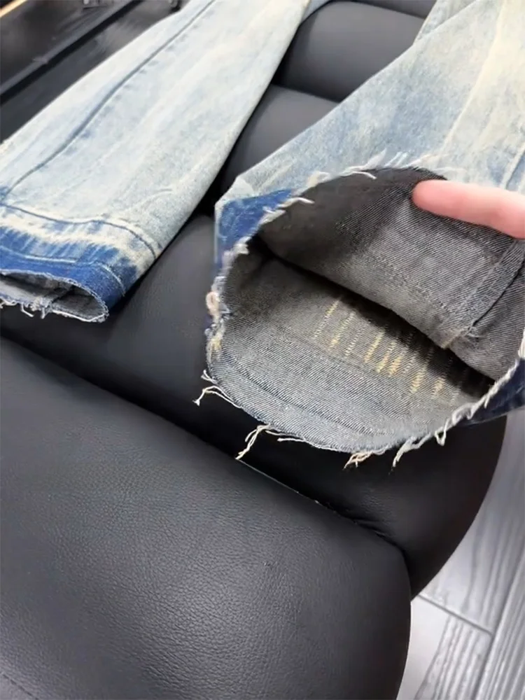 Cleanfit メンズ レトロ アメリカン スレ デニム ジーンズ サイド スリット フレイド ストレート レッグ パンツ カジュアル 通気性 コットン ブレンド パンツ