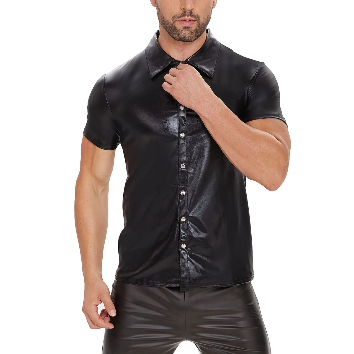 Plus Size Mens Shiny Patent Leather Shirt Short Sleeve Soft Leather Shaping Tops Male Turn-down Collar Casual Shirt Sexi