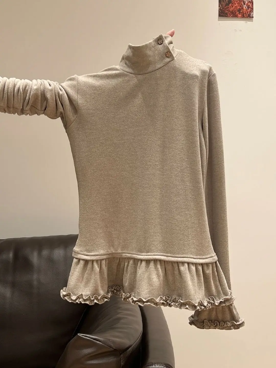 

Oatmeal High Collar Long Sleeve T-Shirt Women's Spring Inner Wear Comfortable Skin-friendly Base Shirt Flocking Top