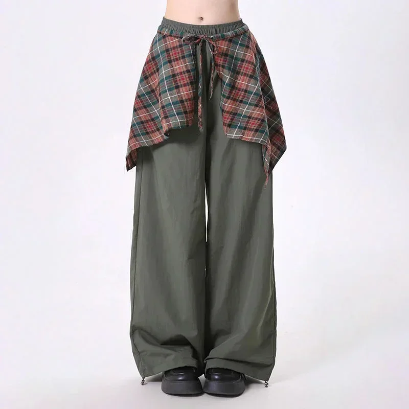 Casual Women's Fall Cargo Pants with Color Block Plaid Skirt Hem Design Loose Fit Jazz Dance Long Trousers streetwear women