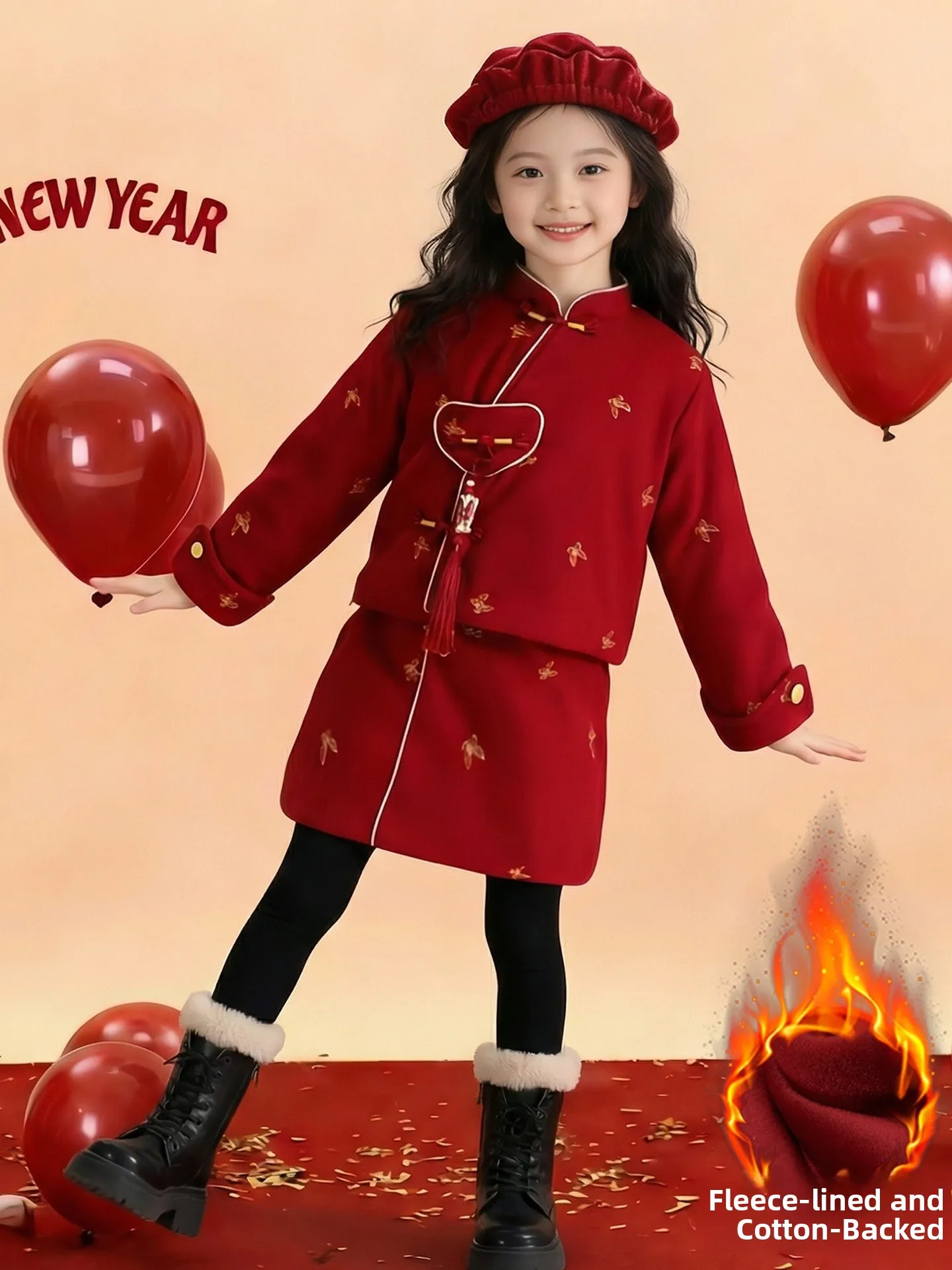 

Красное новогоднее хлопковое утепленное платье-ципао для девочек, зимнее, с флисовой подкладкой, в традиционном китайском стиле, детское