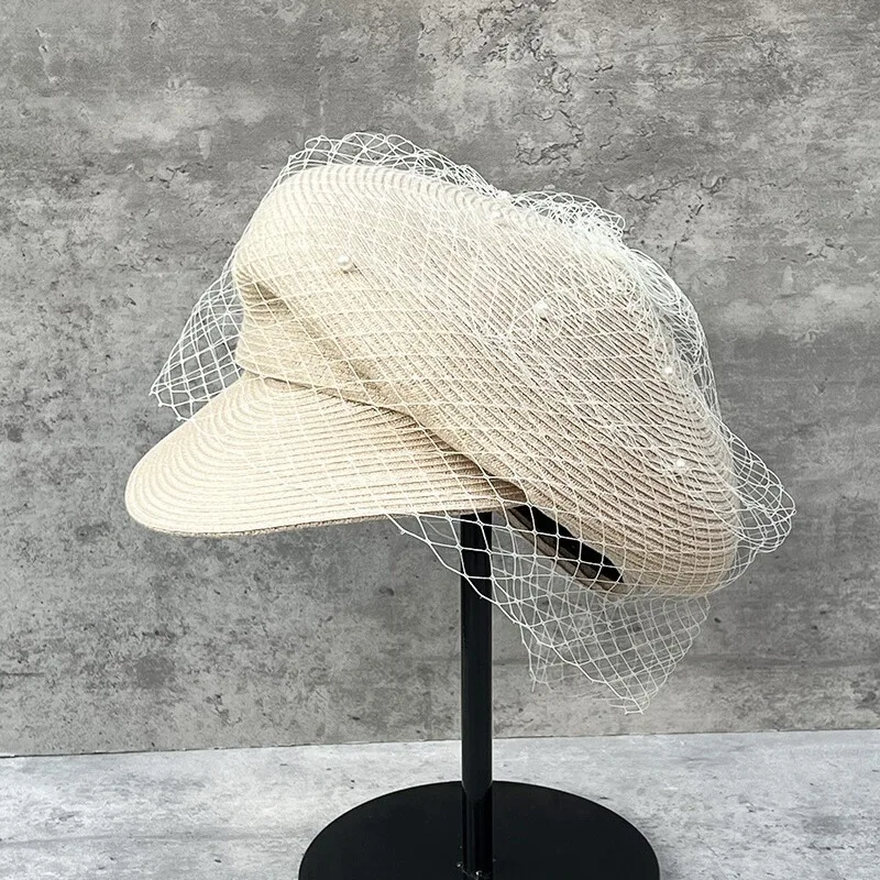 Elegant mesh pearl beret Newsboy hat Japanese pleated cap Women\'s summer outing sun-protected straw hat niche equestrian hat